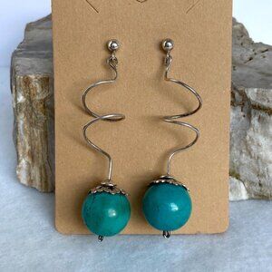 Sterling Silver 925 2.5" Long Spiral Large Faux Turquoise Ball Dangle Earrings